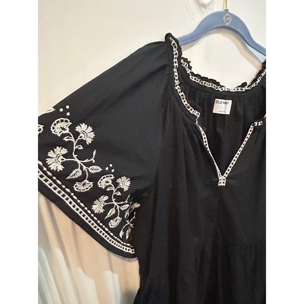 Old Navy Black Embroidered Peasant Dress Short Sleeve Summer Casual Cute L - Picture 3 of 9